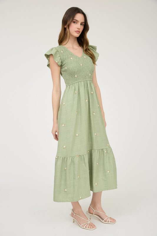 EMBROIDERED FLOWER MIDI DRESS