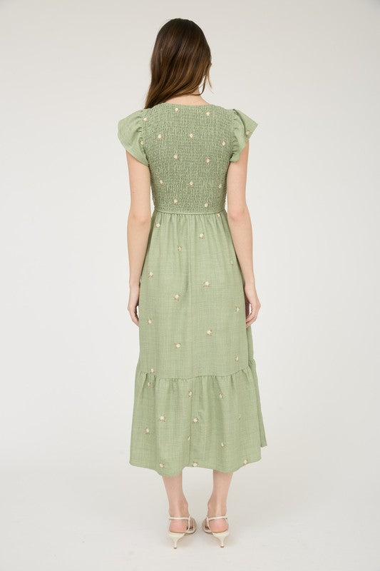 EMBROIDERED FLOWER MIDI DRESS