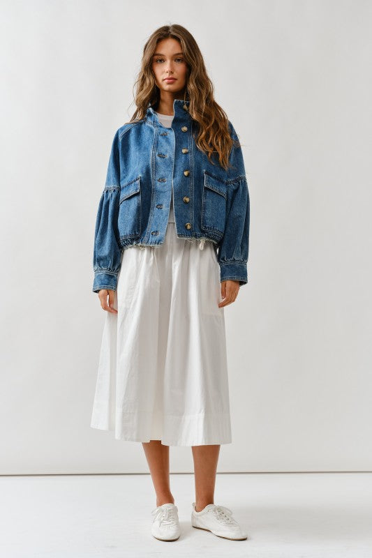 Ballon Sleeve Twill Jacket Drawsting Waist