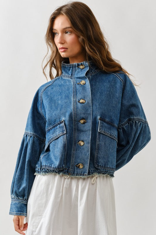 Ballon Sleeve Twill Jacket Drawsting Waist