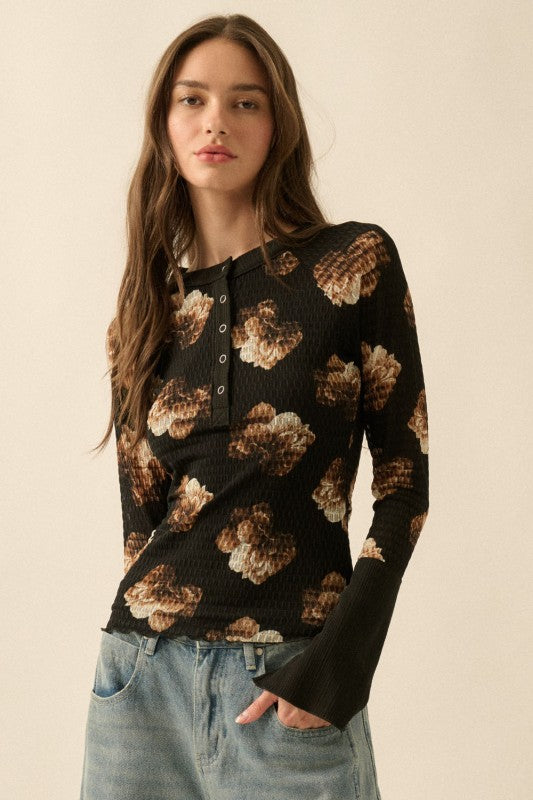 FLORAL HONEYCOMB MESH HENLEY TOP