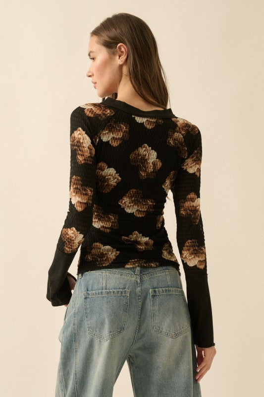 FLORAL HONEYCOMB MESH HENLEY TOP