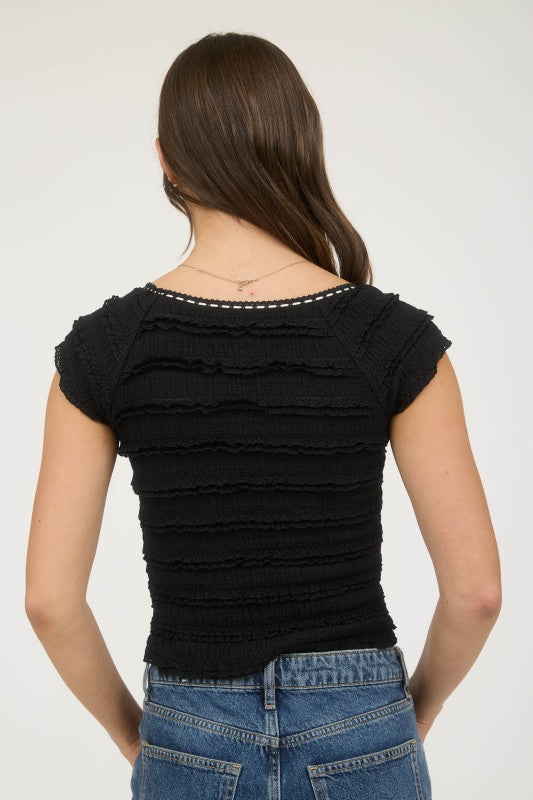 RUFFLE LACE TRIM KNIT TOP