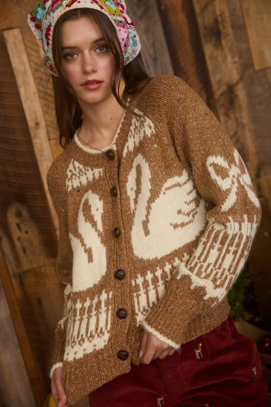 SWAN JACQUARD BUTTON DOWN CARDIGAN