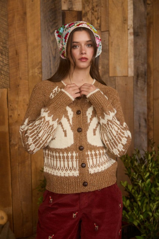 SWAN JACQUARD BUTTON DOWN CARDIGAN