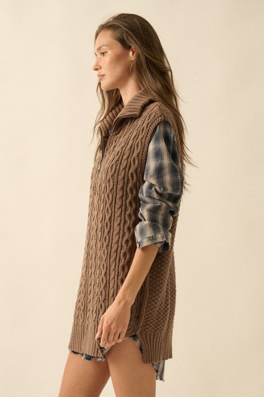 CABLE KNIT RELAXED FIT HALF ZIP SWEATER VEST | ESPRESSO