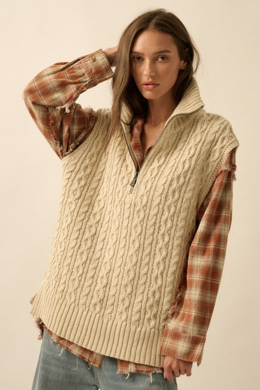 CABLE KNIT RELAXED FIT HALF ZIP SWEATER VEST | CREAM