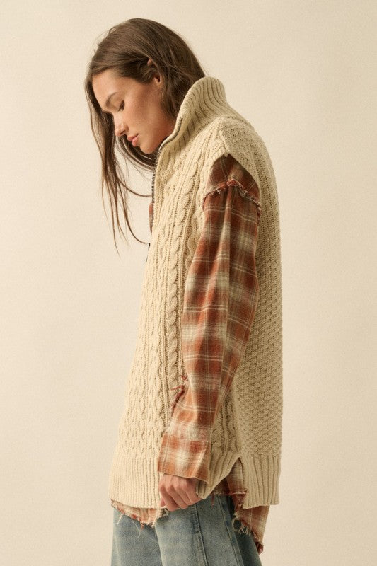 CABLE KNIT RELAXED FIT HALF ZIP SWEATER VEST | CREAM