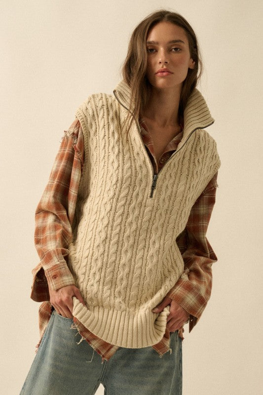 CABLE KNIT RELAXED FIT HALF ZIP SWEATER VEST | CREAM