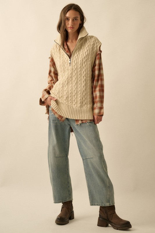CABLE KNIT RELAXED FIT HALF ZIP SWEATER VEST | CREAM