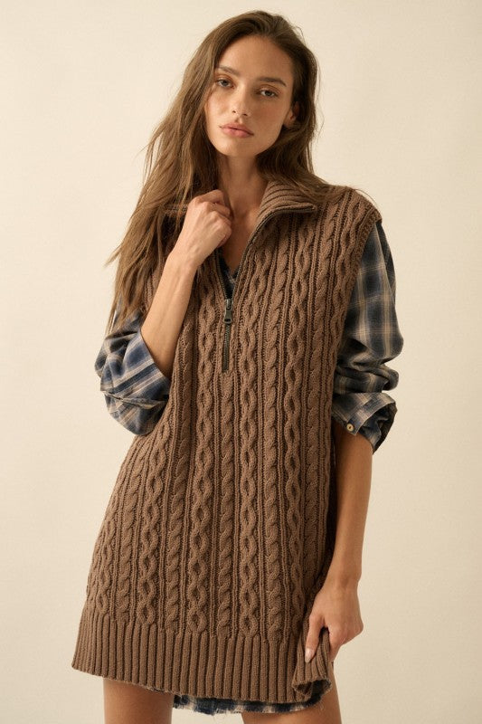 CABLE KNIT RELAXED FIT HALF ZIP SWEATER VEST | ESPRESSO