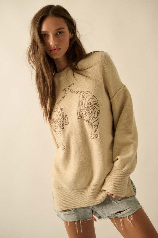 EMBROIDERED TIGERS KNIT SWEATER