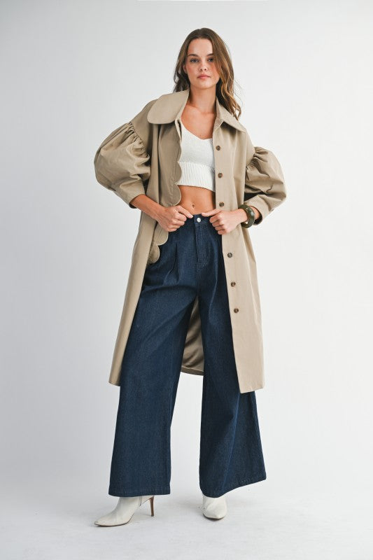 SCALLOP DETAILED BALLOON SLEEVE TRENCH COAT