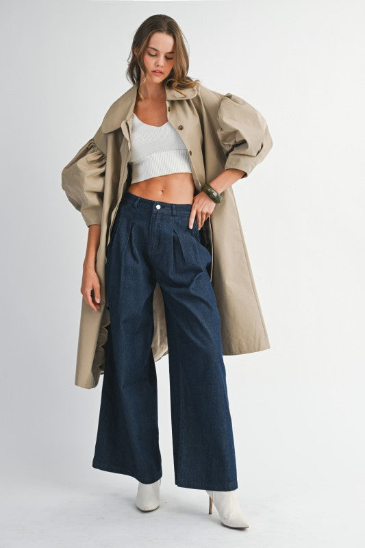 SCALLOP DETAILED BALLOON SLEEVE TRENCH COAT