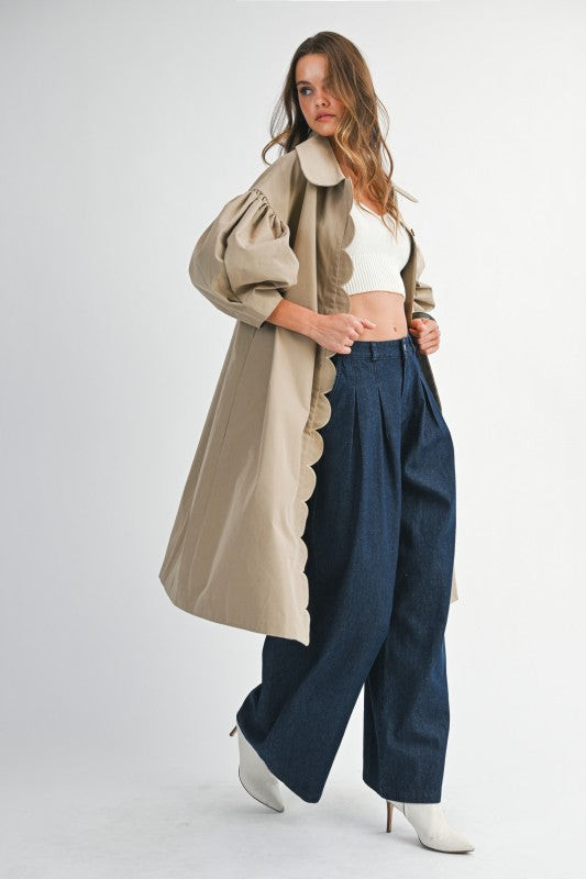 SCALLOP DETAILED BALLOON SLEEVE TRENCH COAT