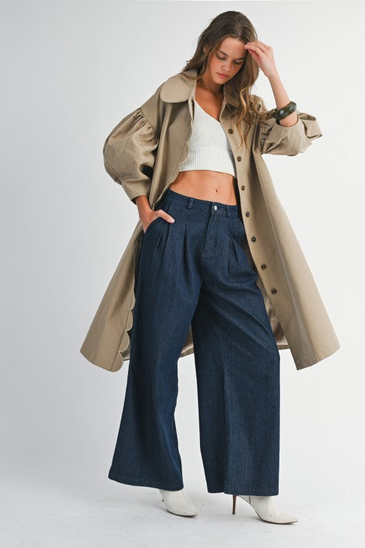 SCALLOP DETAILED BALLOON SLEEVE TRENCH COAT