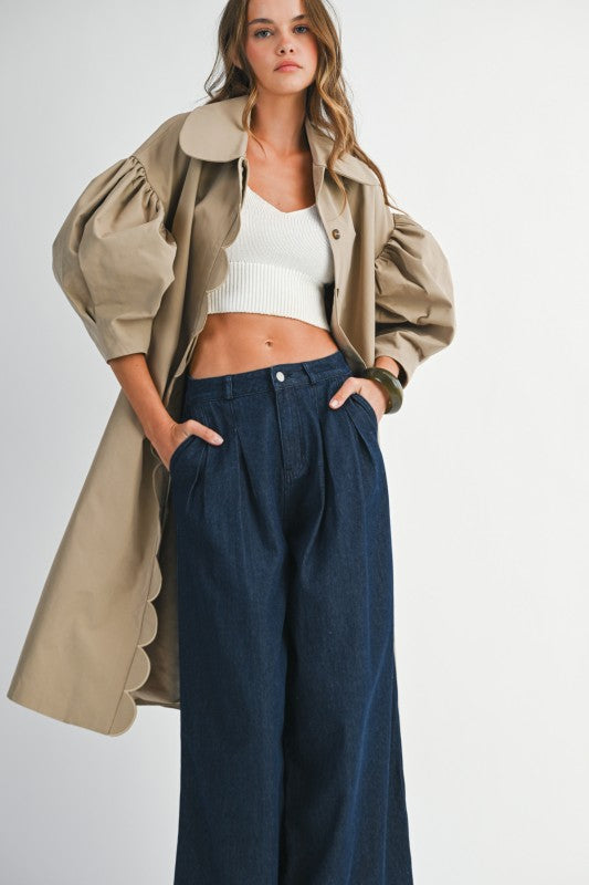 SCALLOP DETAILED BALLOON SLEEVE TRENCH COAT