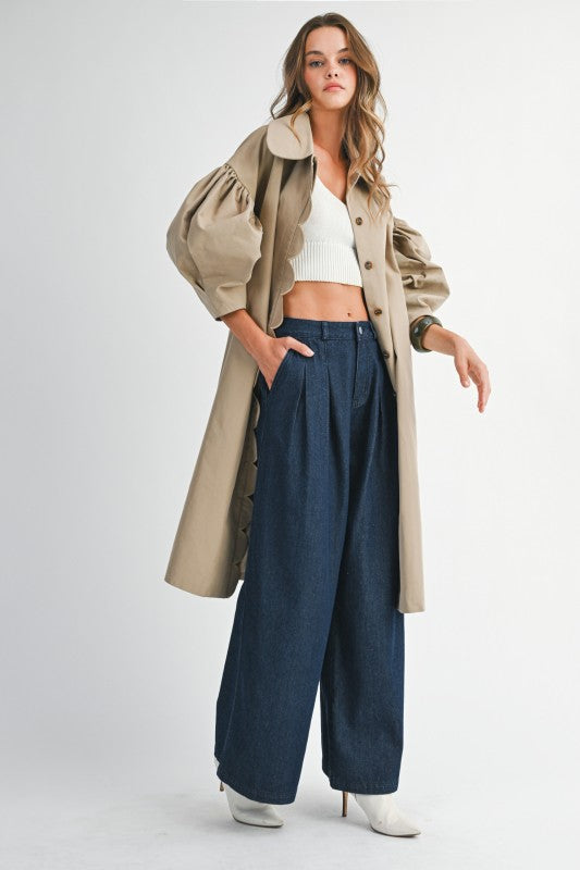 SCALLOP DETAILED BALLOON SLEEVE TRENCH COAT