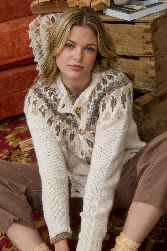 FAIR ISLE PATTERN KNIT CARDIGAN | CREAM