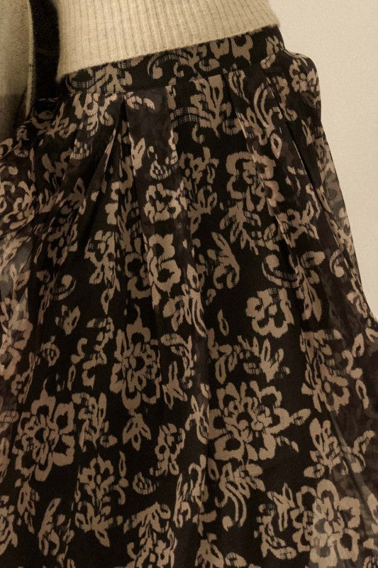 FLORAL ORGANZA PLEATED MIDI SKIRT