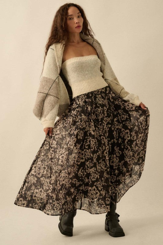 FLORAL ORGANZA PLEATED MIDI SKIRT