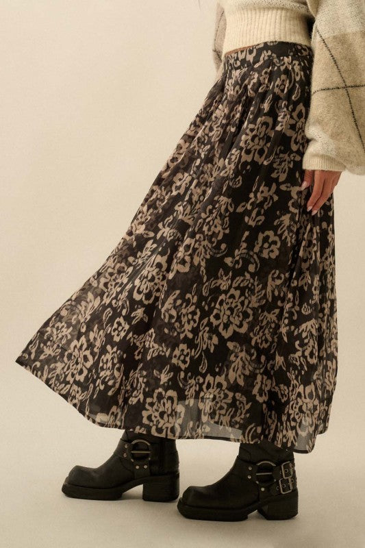 FLORAL ORGANZA PLEATED MIDI SKIRT