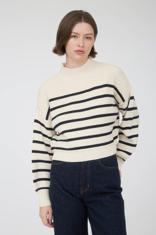 STRIPE MOCK NECK DROP SHOULDER KNIT SWEATER