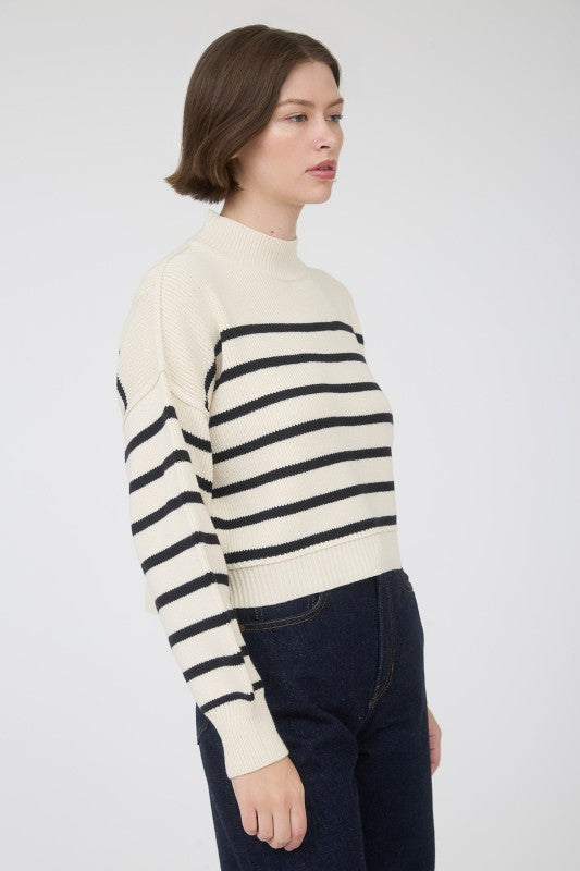 STRIPE MOCK NECK DROP SHOULDER KNIT SWEATER