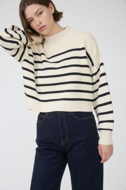 STRIPE MOCK NECK DROP SHOULDER KNIT SWEATER