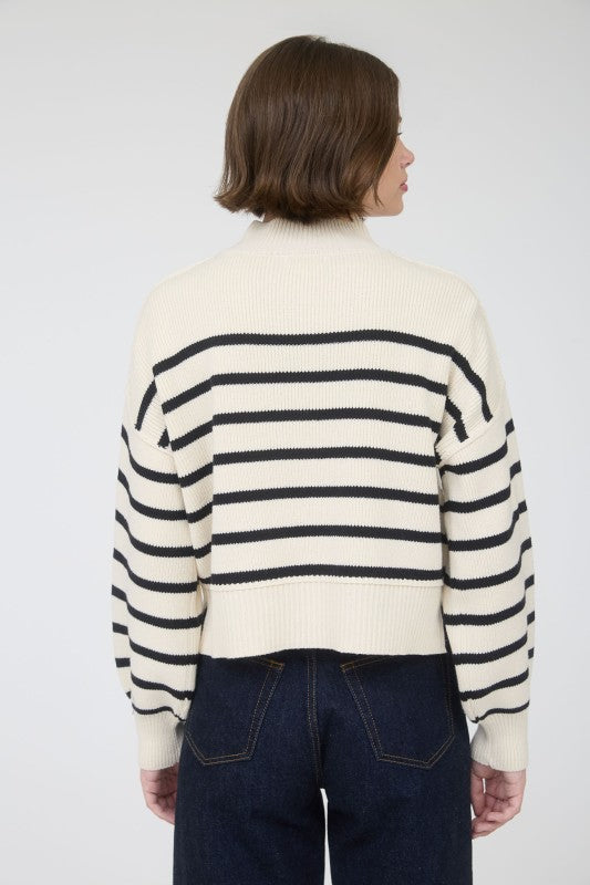 STRIPE MOCK NECK DROP SHOULDER KNIT SWEATER