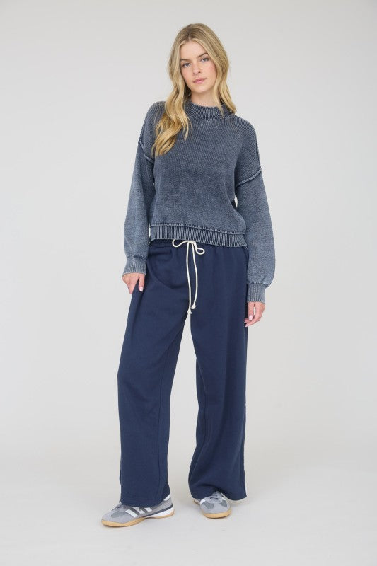 WASHED MOCK NECK PULLOVER SWEATER | NAVY