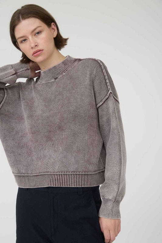 WASHED MOCK NECK PULLOVER SWEATER