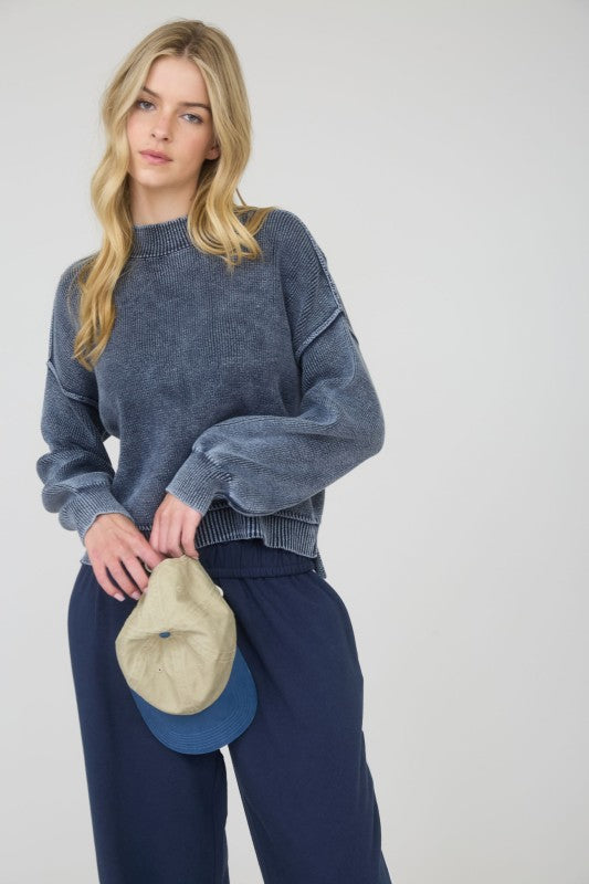 WASHED MOCK NECK PULLOVER SWEATER | NAVY
