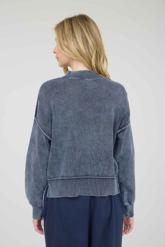 WASHED MOCK NECK PULLOVER SWEATER | NAVY