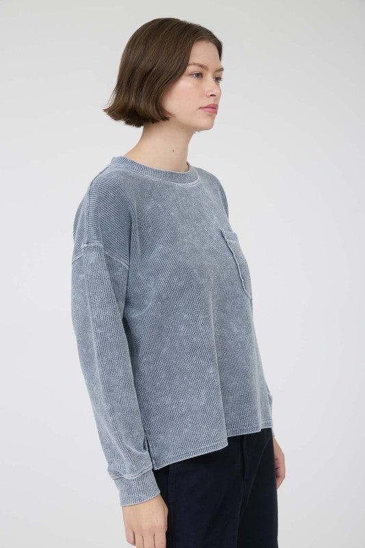 WASHED LONG SLEEVE RIB KNIT TOP