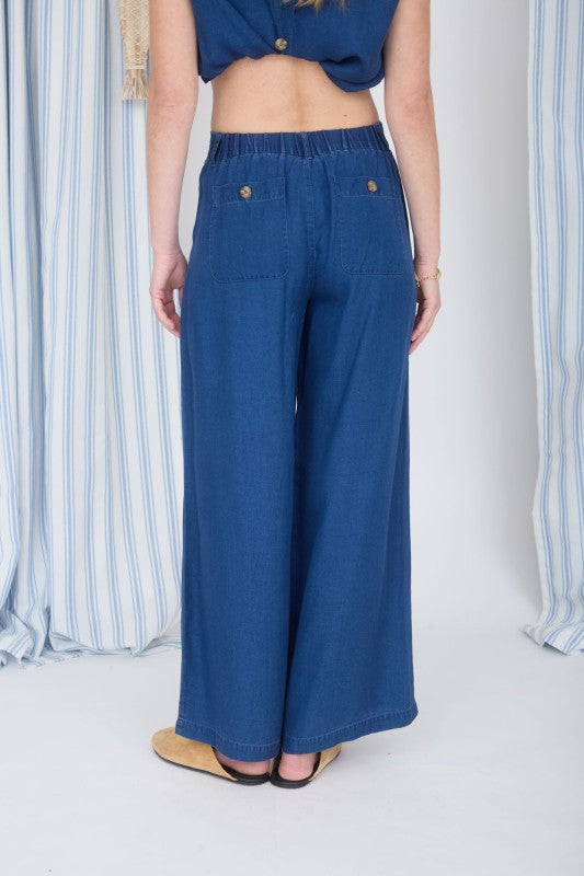 DARK CHAMBRAY PINTUCK DETAIL WIDE LEG PANTS | RESTOCKED