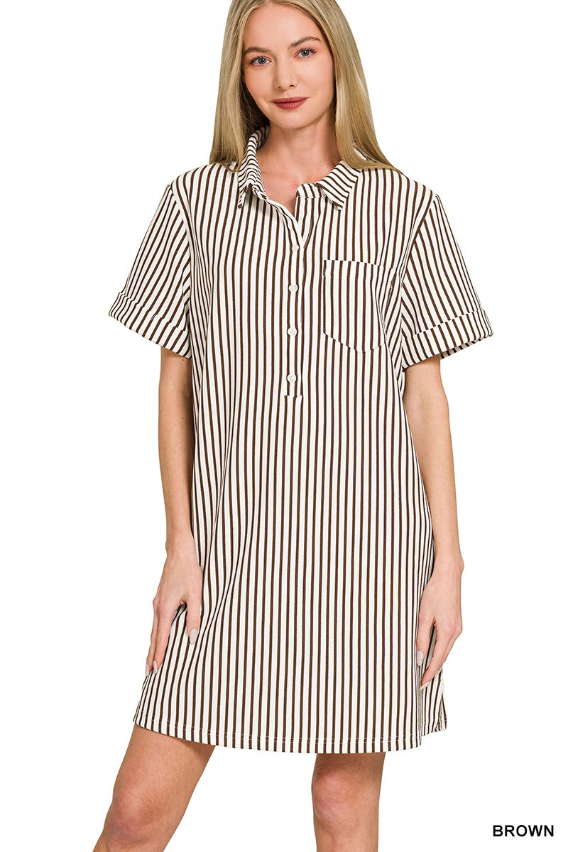 STRIPE COLLARED HALF BUTTON UP T-SHIRTS DRESS