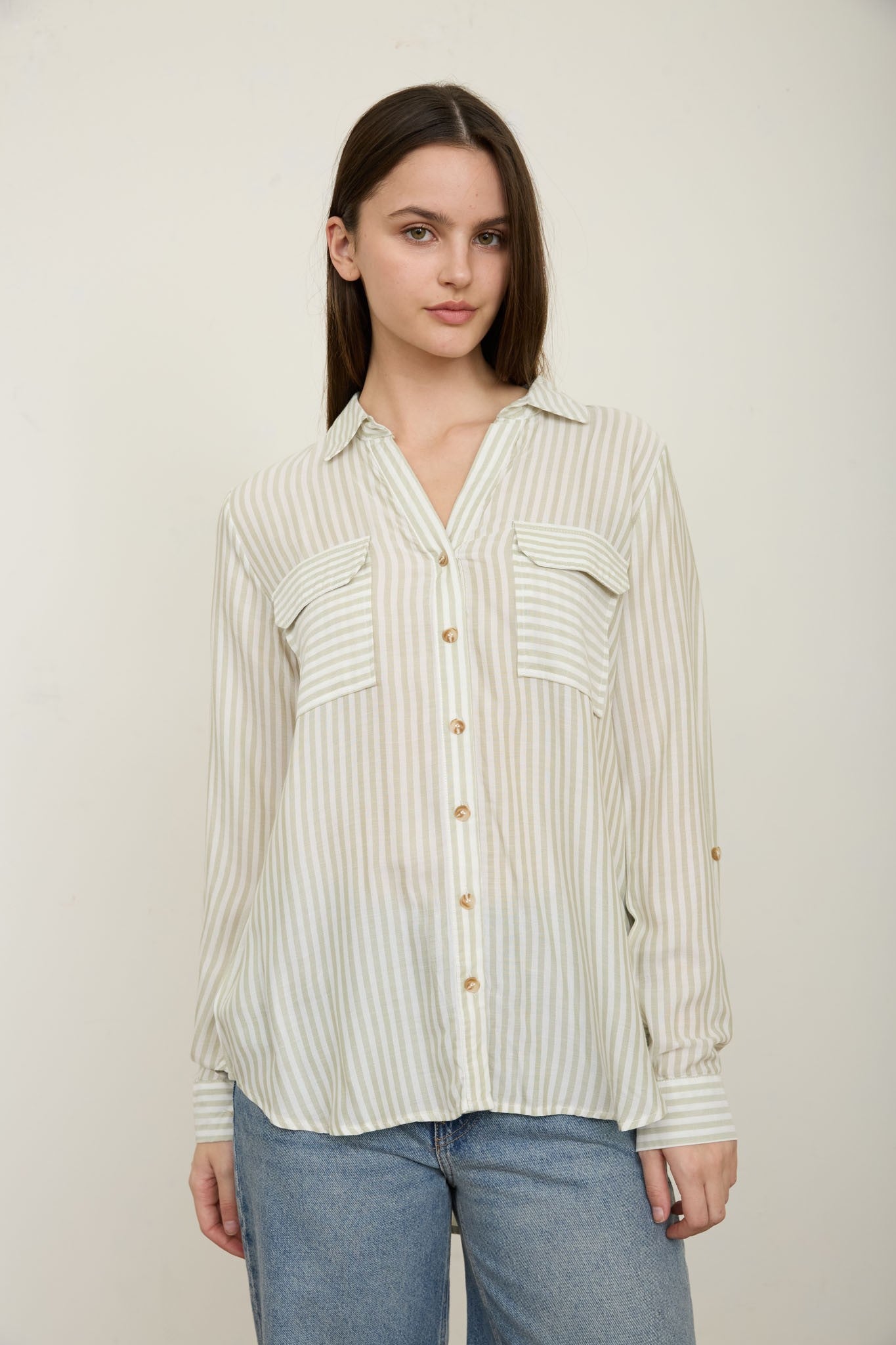 THE STRIPE COLLARED BUTTON DOWN | OLIVE