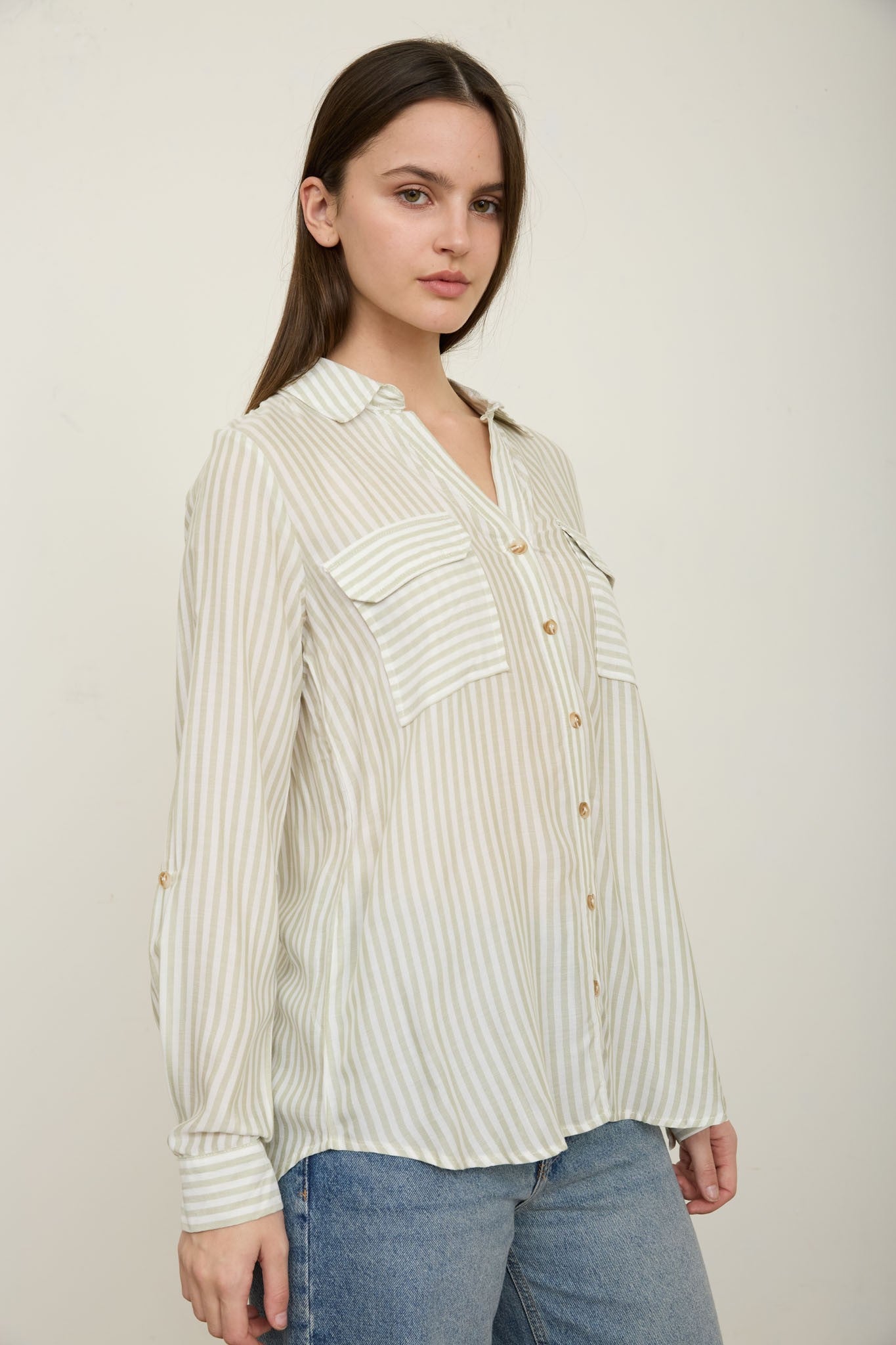 THE STRIPE COLLARED BUTTON DOWN | OLIVE