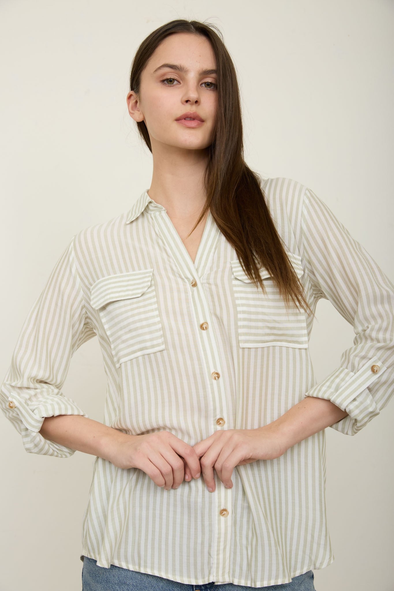 THE STRIPE COLLARED BUTTON DOWN | OLIVE