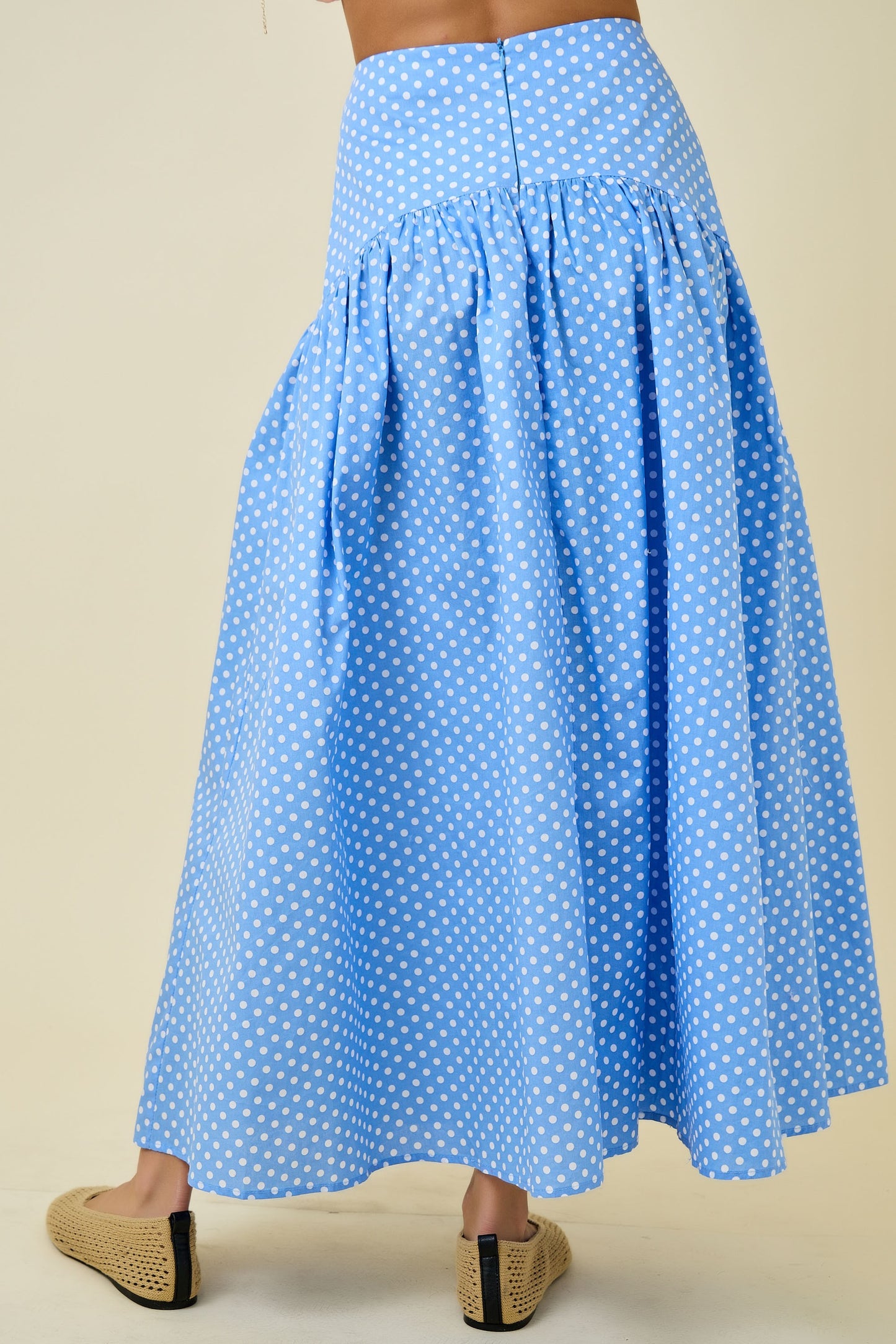 POLKA DOT FLARED MAXI SKIRT WITH CURVED YOKE