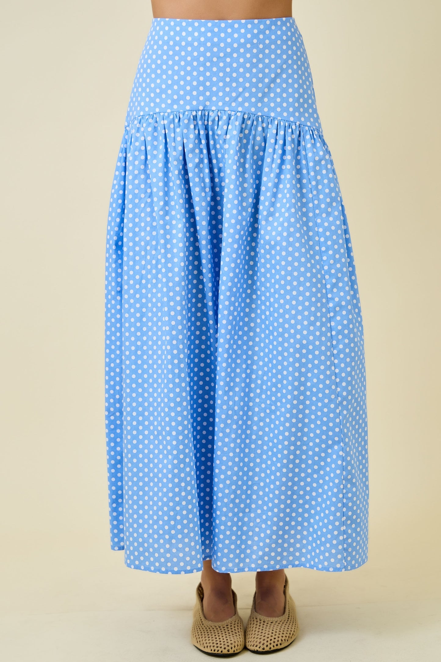 POLKA DOT FLARED MAXI SKIRT WITH CURVED YOKE