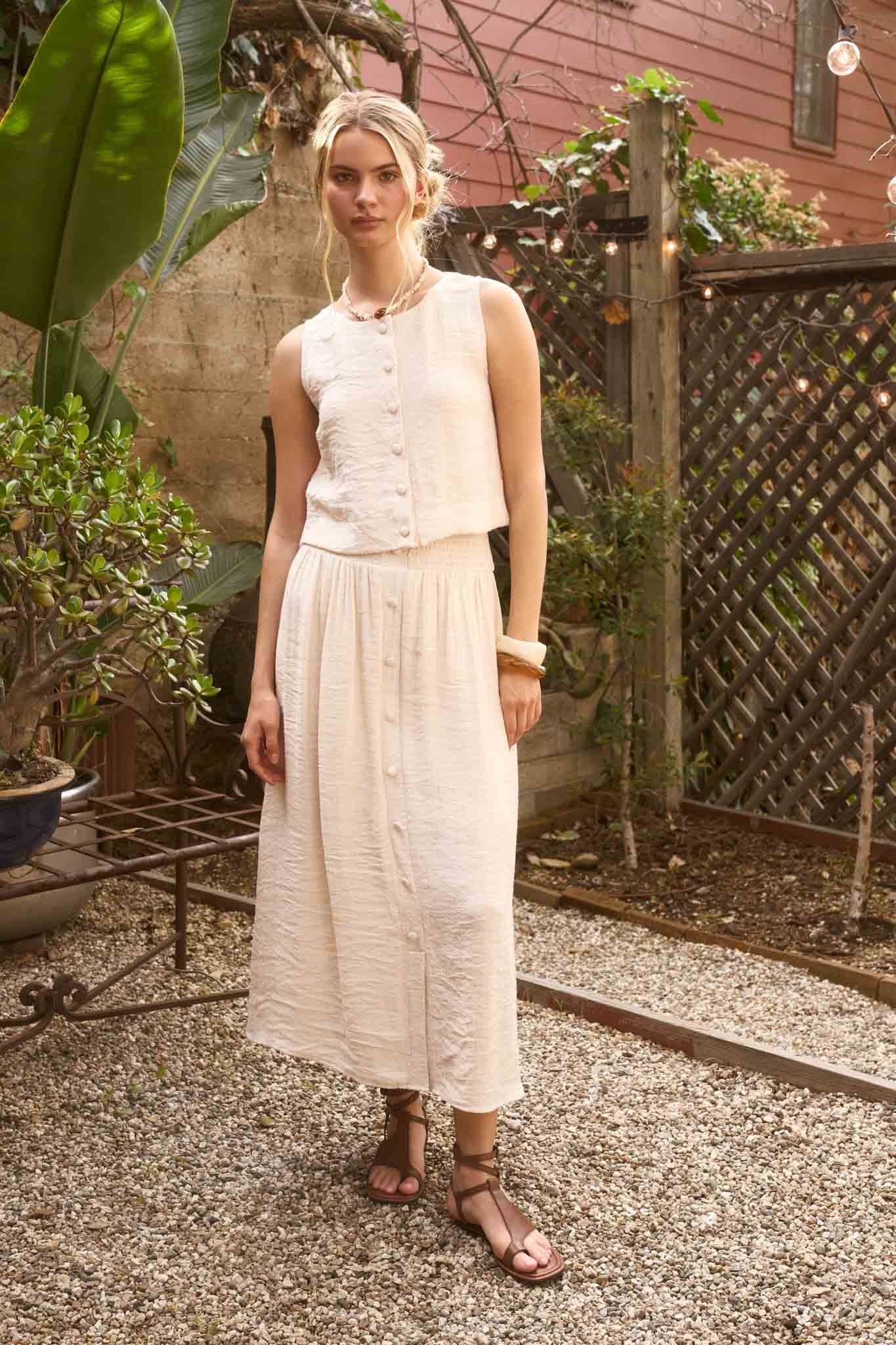 THE SMOCKED WAIST RUFFLE DETAIL BUTTON DOWN MIDI SKIRT