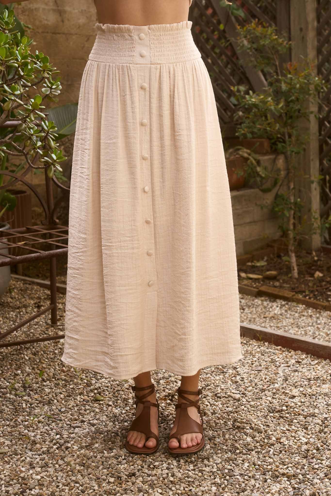 THE SMOCKED WAIST RUFFLE DETAIL BUTTON DOWN MIDI SKIRT