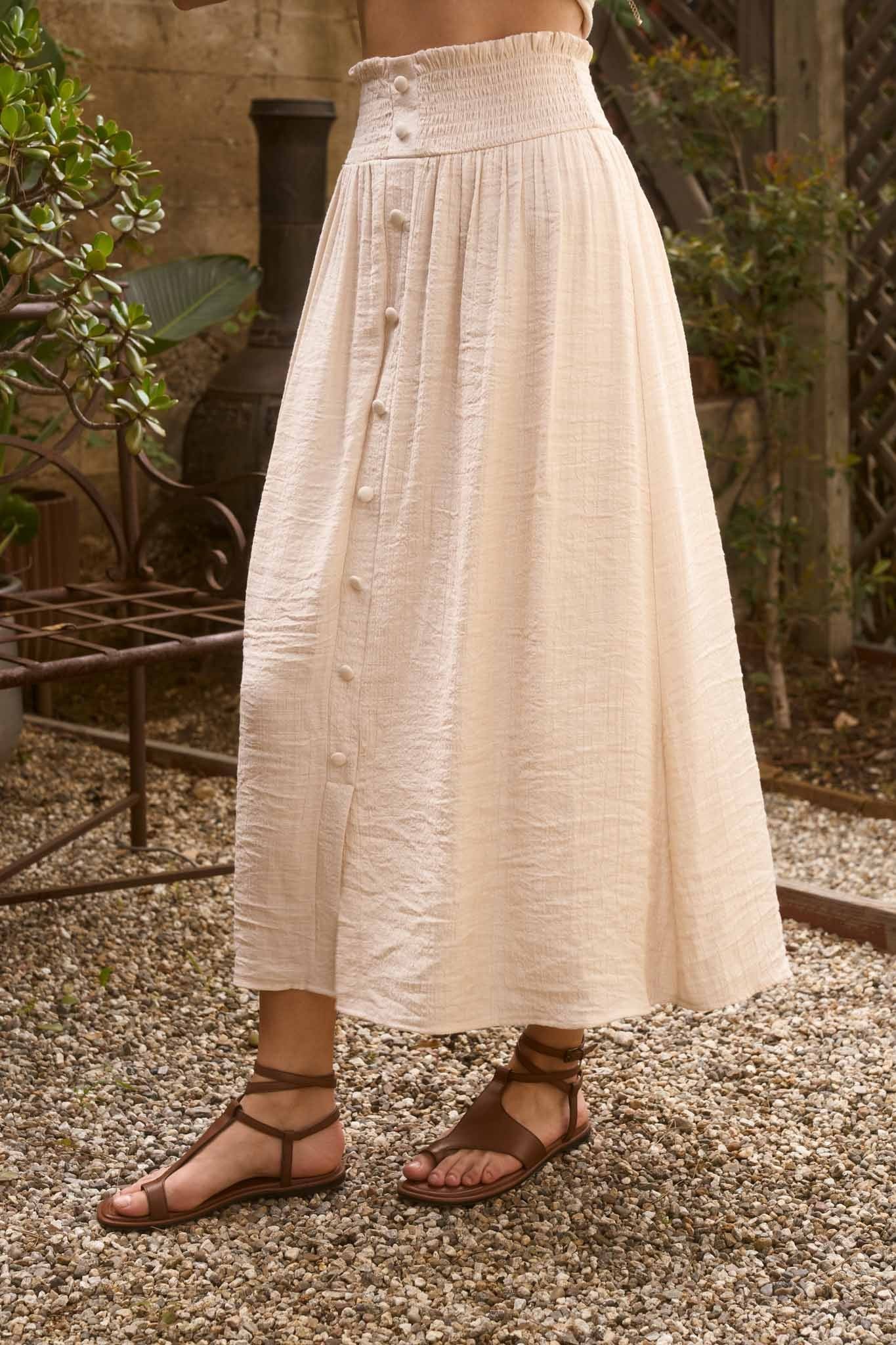THE SMOCKED WAIST RUFFLE DETAIL BUTTON DOWN MIDI SKIRT