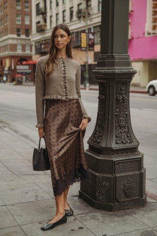 THE SATIN POLKA DOT LACE TRIM MIDI SKIRT