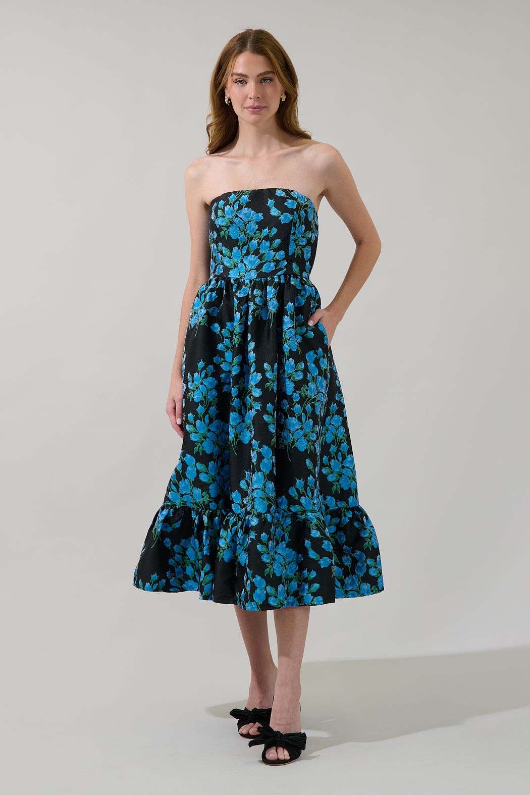 ZOE JACQUARD STRAPLESS MIDI DRESS