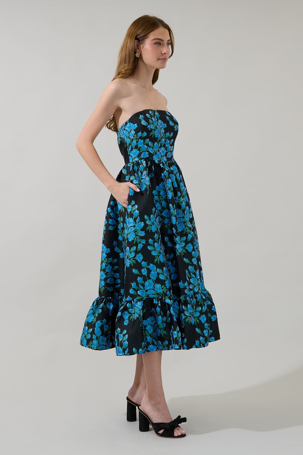 ZOE JACQUARD STRAPLESS MIDI DRESS