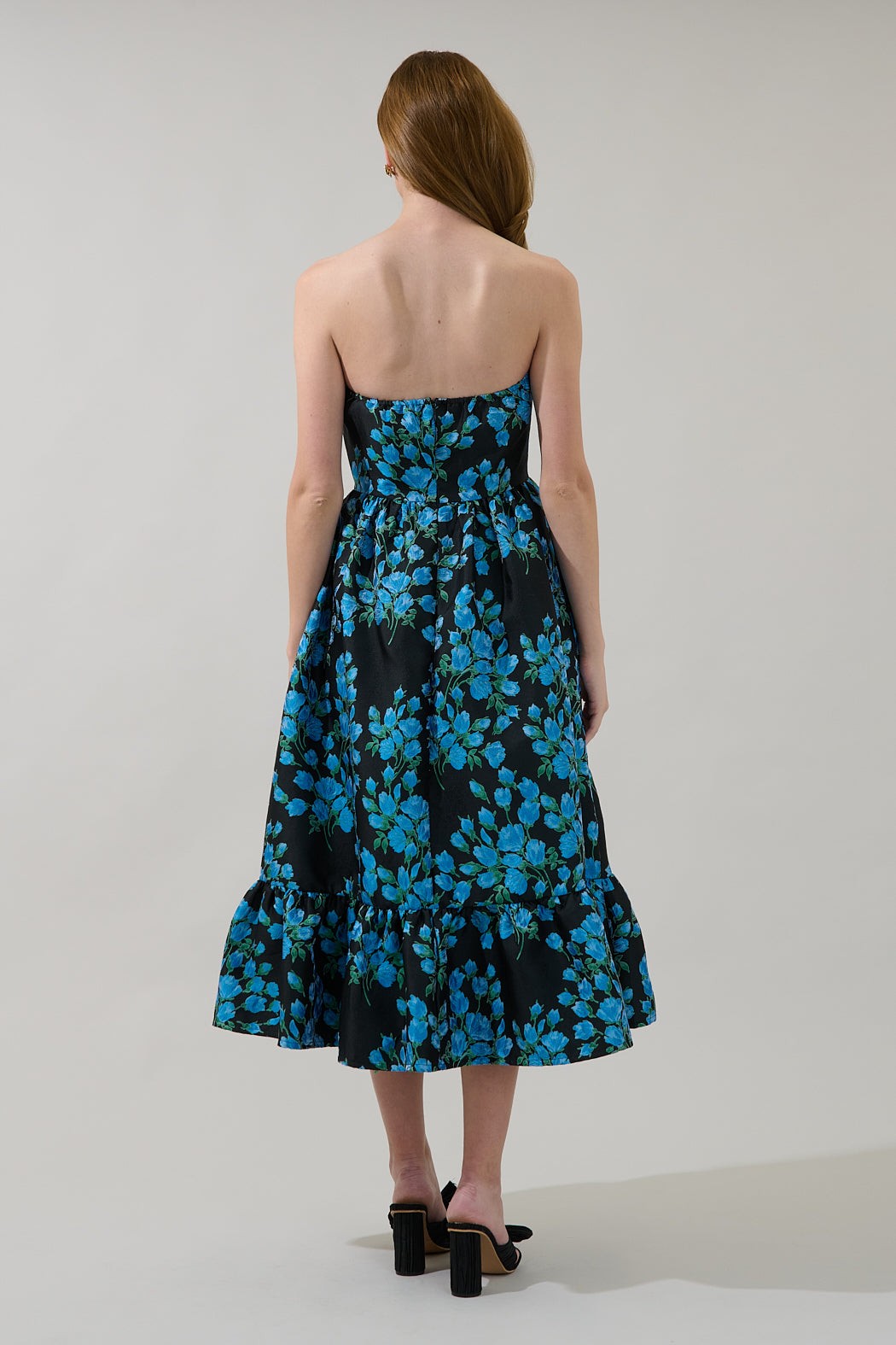 ZOE JACQUARD STRAPLESS MIDI DRESS