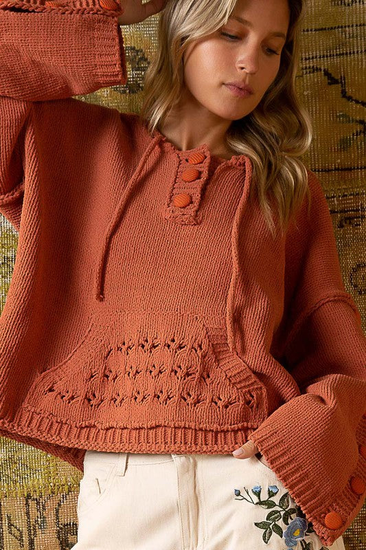 BUTTON SLEEVE HOODED SWEATER BY POL